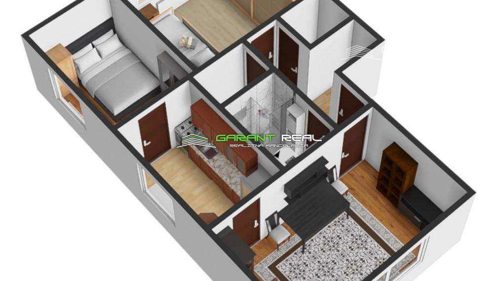 GARANT REAL predaj 3-izbový tehlový byt 50 m2, so samostatným kúrením, so záhradkou a garážou, Veľký Šariš, Matice slovenskej